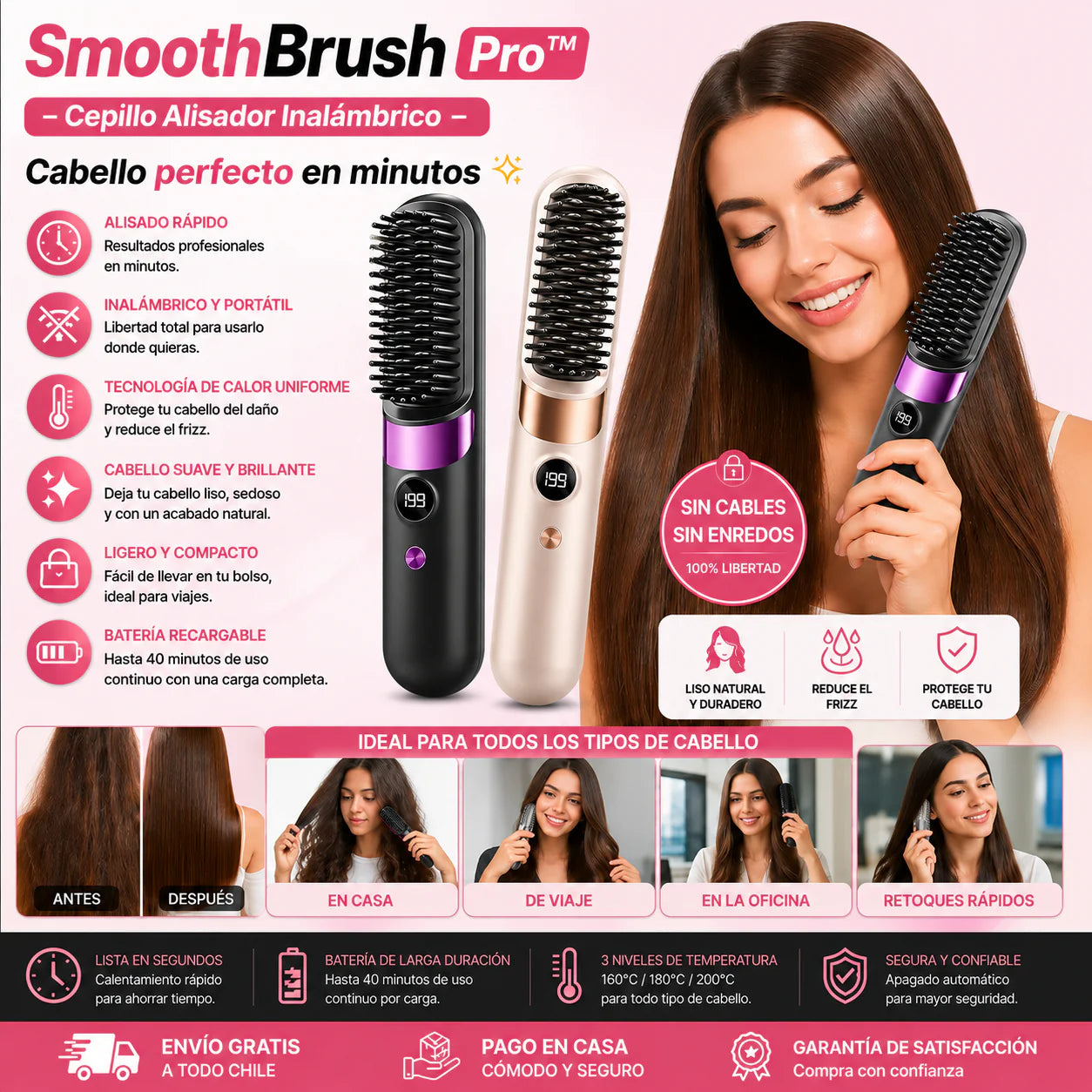 SmoothBrush Pro™ – Cepillo Alisador Inalámbrico - Cabello perfecto en minutos, Ahorra tiempo y esfuerzo.
